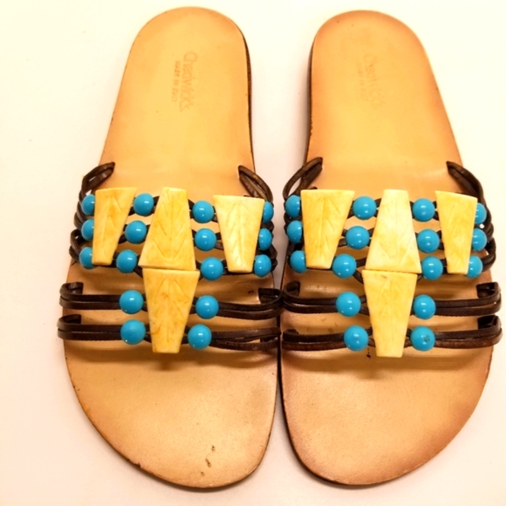 Chadwicks Woman Size 8 Turquoise Blue Shell Beaded Sandal Slip On Open Toe Beach - Picture 4 of 12